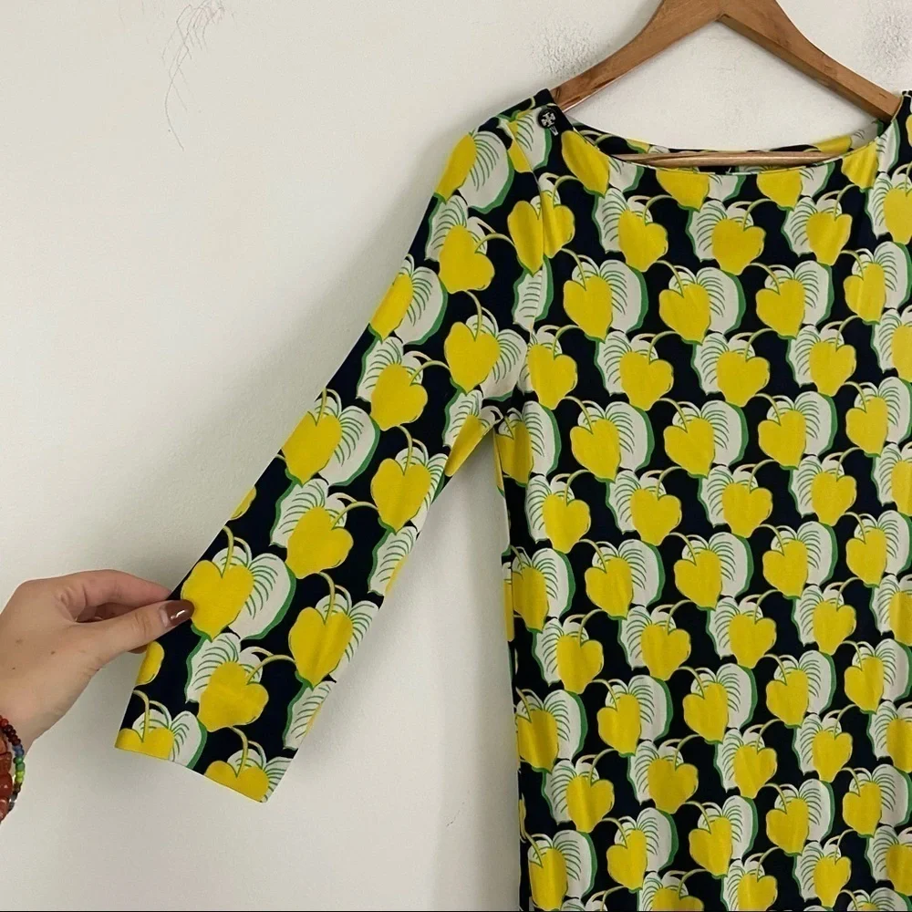 TORY BURCH leaf print long sleeve yellow and navy mini dress